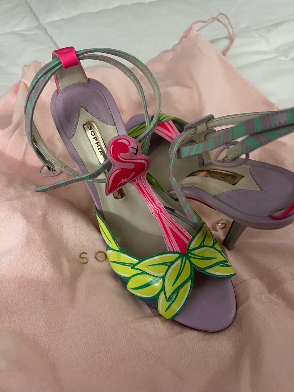 Sophia Webster Lavender Heels with Neon Yellow-Green Leaf & Pink Flamingo Accent